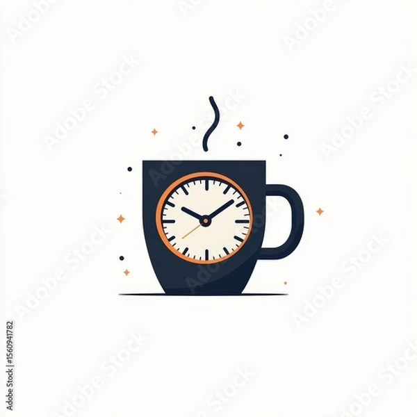 Fototapeta A steaming coffee cup with a clock face on it symbolizes time and the energizing effect of coffee.