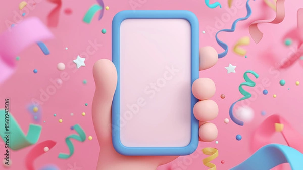 Obraz Cartoon hand holding smartphone with colorful confetti and streamers celebrating on pink background
