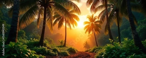 Fototapeta Golden Hour in a Lush Palm Forest Magical Sunset Sunlight Filtering Through Vibrant Tropical Leaves, Perfect for Travel and Nature Projects