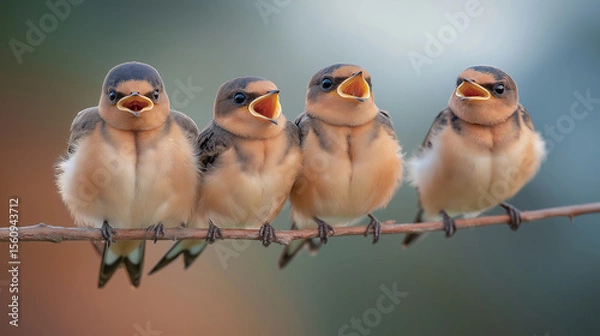 Obraz Four baby birds chirping on a branch, waiting for food