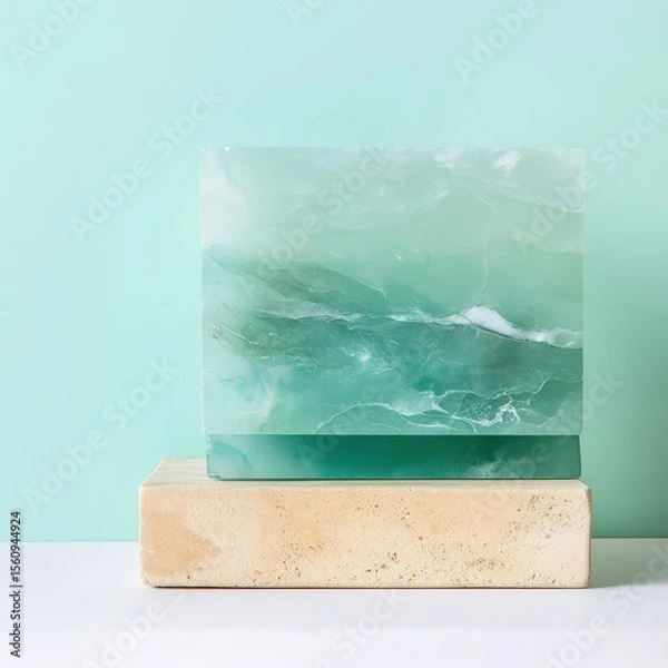 Fototapeta Green onyx block on light background