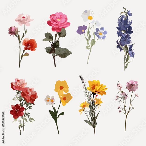 Fototapeta Colorful floral vector set with individual flowers in PNG and PSD formats for design projects
