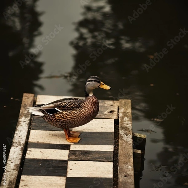 Fototapeta Duck standing on a checkerboard dock at a pond