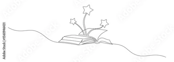 Fototapeta Opened book with flying page and stars in one continuous line drawing. Magic of reading and children library concept in simple linear style. Editable stroke. Doodle monoline vector illustration