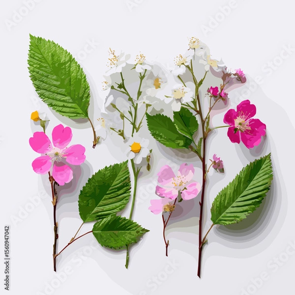 Fototapeta Colorful floral bouquet with green leaves on white background, vector illustration