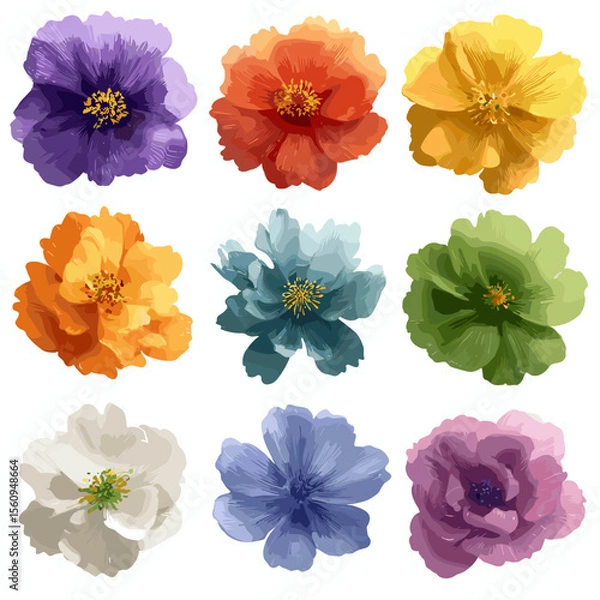 Fototapeta Colorful vector illustration of nine different flowers isolated on white background