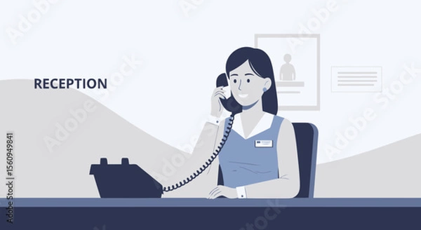 Fototapeta Efficient Office Assistant Answering Phone Call At The Reception Desk
