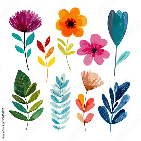 Fototapeta Colorful floral and leaf vector illustration set isolated on white background