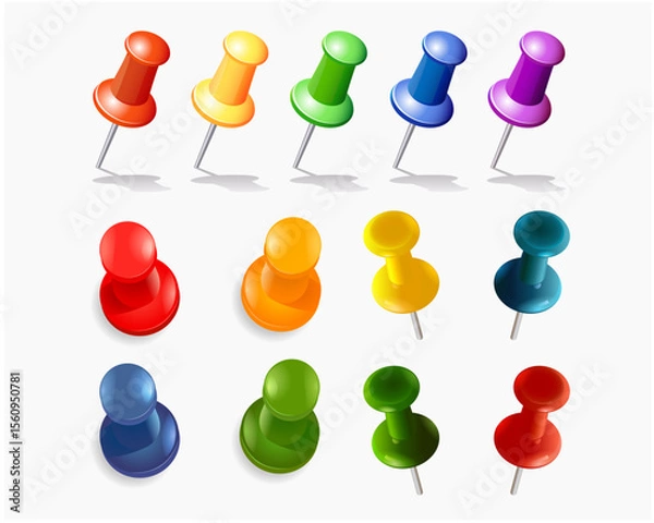 Fototapeta Set of Colorful Pushpins and Thumbtacks