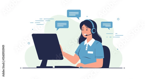 Fototapeta Friendly Woman Working At Computer With Headset Helping Clients Online
