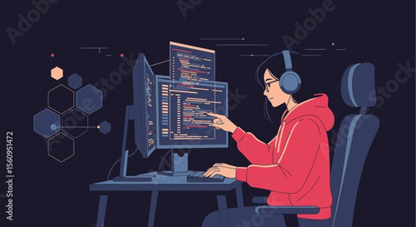 Fototapeta Dedicated Woman Coding With Dual Monitors In Home Office Environment
