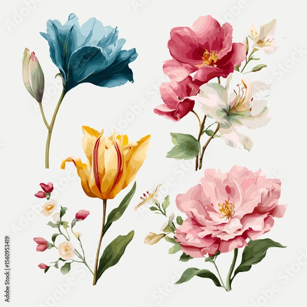 Fototapeta Colorful floral vector set on white background, vibrant flowers in PSD and PNG formats for design projects