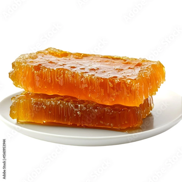 Fototapeta Honey Dripping from Hovering Honeycomb – Clean White Background

