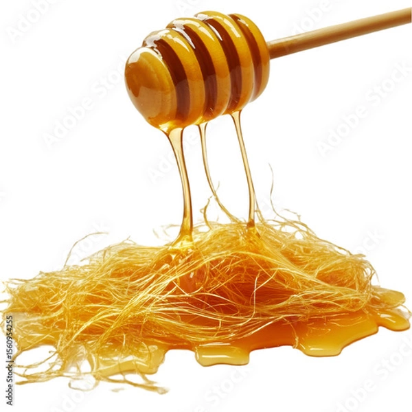 Fototapeta Dripping Honey Stream Isolated on White – High-Resolution Stock Photo.  honey texture closeup, pure honey stream, organic honey drip, glossy honey surface, realistic honey drip, honey macro image, f

