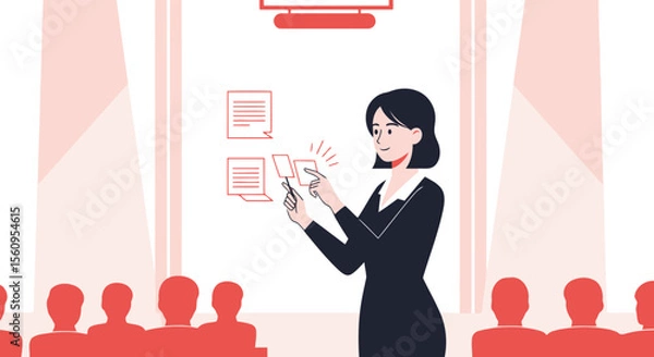 Fototapeta Woman Presenting Business Strategy To Audience In Modern Presentation Room