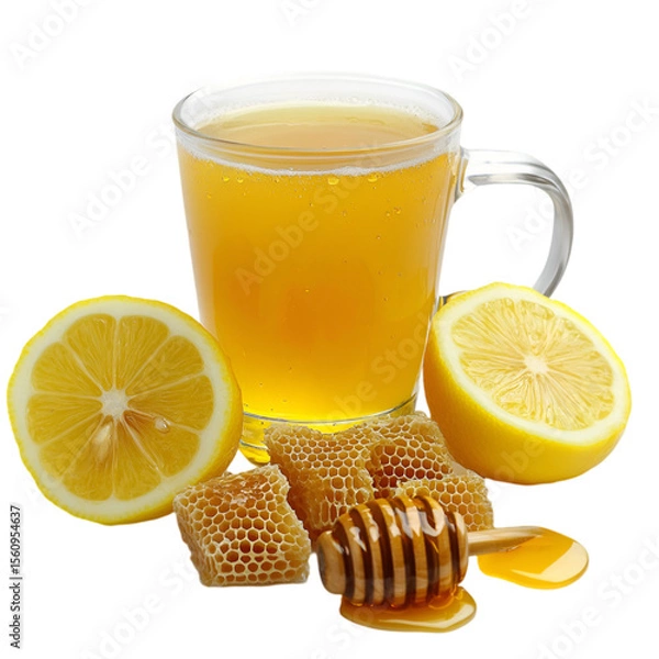 Fototapeta Sweet Honey in Glass Cup Isolated on White Background – High-Resolution Image. 
 organic honey on white, pure honey in cup, liquid gold honey, bee honey photo, sticky sweet honey, honey in clear glas

