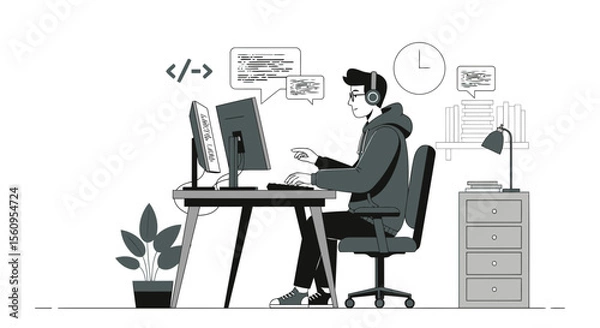 Fototapeta Dedicated Coder Immersed In Programming On Dual Screen Setup At Home