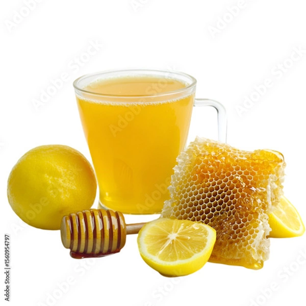 Fototapeta Sweet Honey in Glass Cup Isolated on White Background – High-Resolution Image. 
 organic honey on white, pure honey in cup, liquid gold honey, bee honey photo, sticky sweet honey, honey in clear glas

