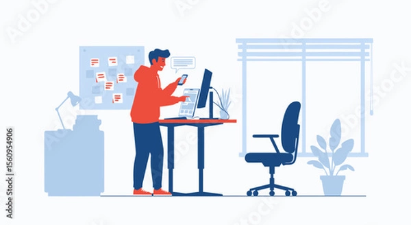 Fototapeta Young Man Working From Home Using Standing Desk Technology For Remote Work