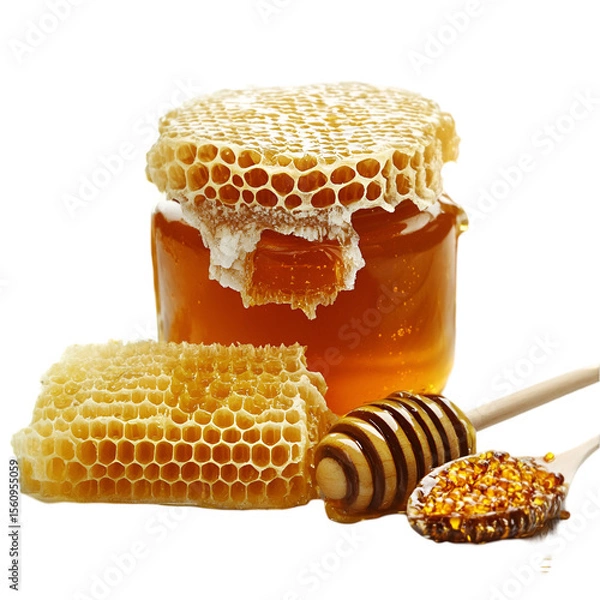 Fototapeta Fresh Honey in Jar with Dipper and Honeycomb – Pure Sweetness Concept. 
 glass jar of honey, honey closeup photo, premium honey stock, bee honey product, artisanal honey in jar, natural golden honey,
