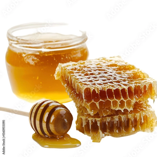 Fototapeta Fresh Honey in Jar with Dipper and Honeycomb – Pure Sweetness Concept. 
 glass jar of honey, honey closeup photo, premium honey stock, bee honey product, artisanal honey in jar, natural golden honey,
