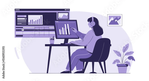 Fototapeta Female Content Creator Editing Digital Assets At Home With Professional Program
