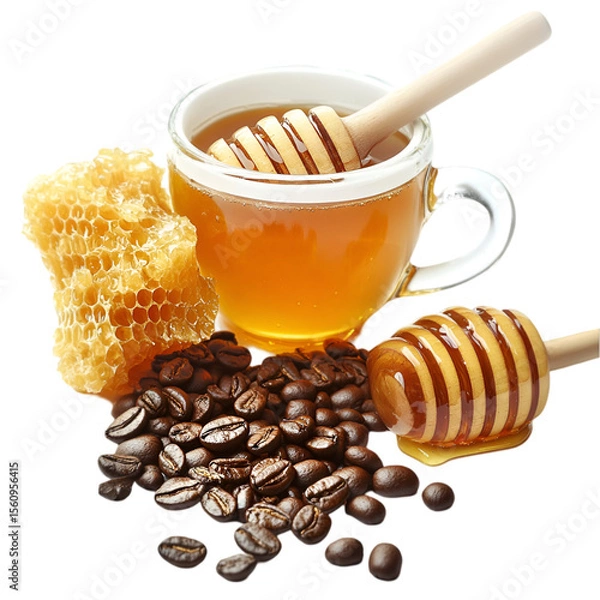 Fototapeta Sweet Honey in Glass Cup Isolated on White Background – High-Resolution Image. 
 organic honey on white, pure honey in cup, liquid gold honey, bee honey photo, sticky sweet honey, honey in clear glas
