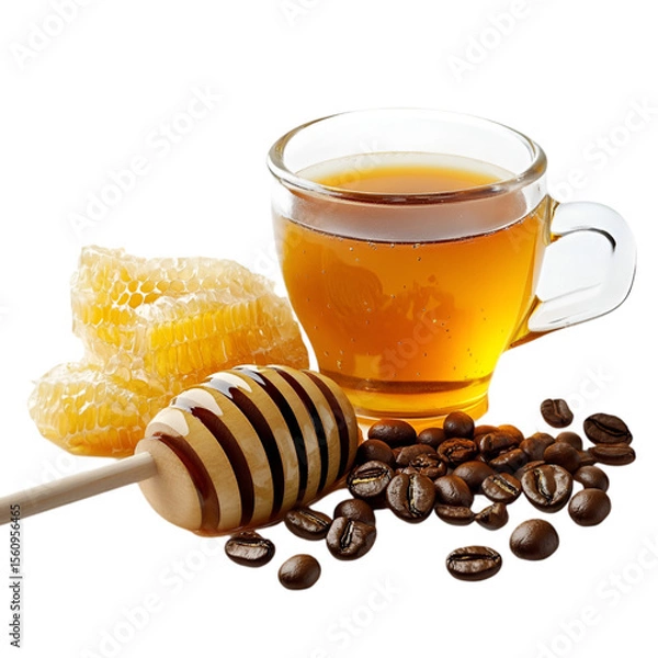 Fototapeta Sweet Honey in Glass Cup Isolated on White Background – High-Resolution Image. 
 organic honey on white, pure honey in cup, liquid gold honey, bee honey photo, sticky sweet honey, honey in clear glas
