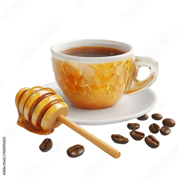 Fototapeta Sweet Honey in Glass Cup Isolated on White Background – High-Resolution Image. 
 organic honey on white, pure honey in cup, liquid gold honey, bee honey photo, sticky sweet honey, honey in clear glas
