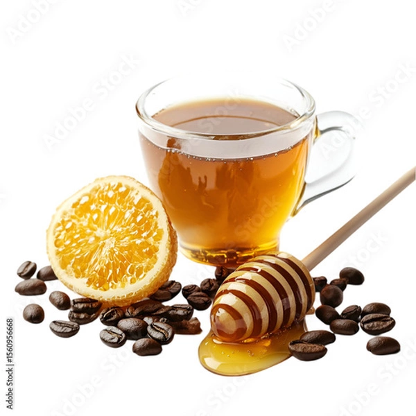 Fototapeta Sweet Honey in Glass Cup Isolated on White Background – High-Resolution Image. 
 organic honey on white, pure honey in cup, liquid gold honey, bee honey photo, sticky sweet honey, honey in clear glas
