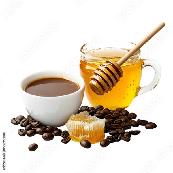 Fototapeta Sweet Honey in Glass Cup Isolated on White Background – High-Resolution Image. 
 organic honey on white, pure honey in cup, liquid gold honey, bee honey photo, sticky sweet honey, honey in clear glas
