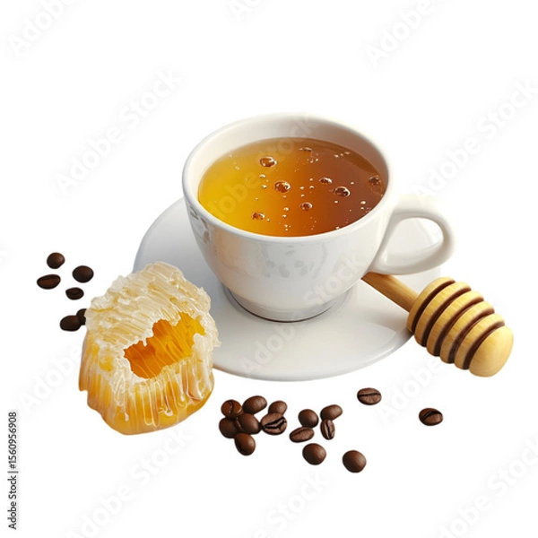 Fototapeta Sweet Honey in Glass Cup Isolated on White Background – High-Resolution Image. 
 organic honey on white, pure honey in cup, liquid gold honey, bee honey photo, sticky sweet honey, honey in clear glas
