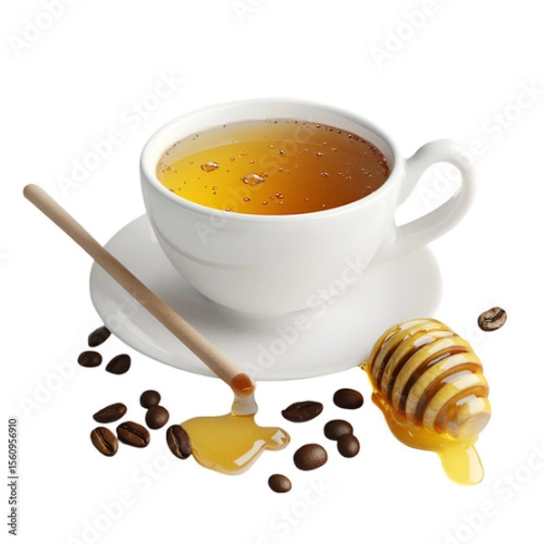 Fototapeta Sweet Honey in Glass Cup Isolated on White Background – High-Resolution Image. 
 organic honey on white, pure honey in cup, liquid gold honey, bee honey photo, sticky sweet honey, honey in clear glas
