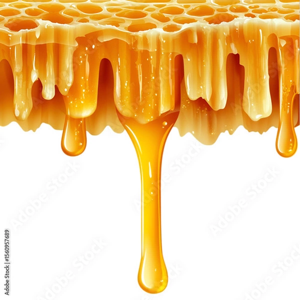 Fototapeta Honey Dripping from Hovering Honeycomb – Clean White Background

