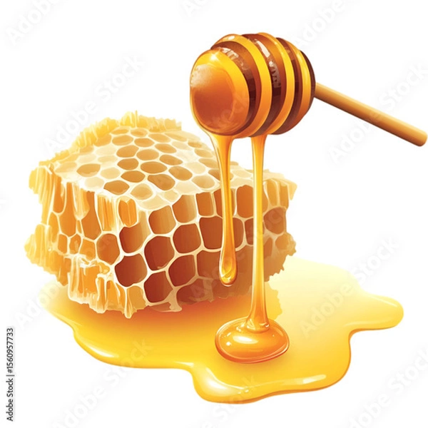 Fototapeta Honey Dripping from Hovering Honeycomb – Clean White Background

