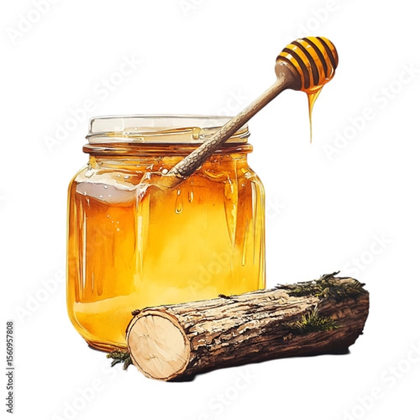 Fototapeta Fresh Honey in Jar with Dipper and Honeycomb – Pure Sweetness Concept. 
 glass jar of honey, honey closeup photo, premium honey stock, bee honey product, artisanal honey in jar, natural golden honey,
