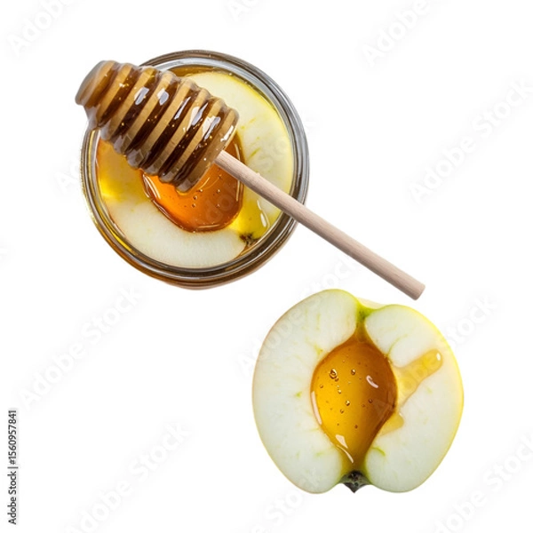Fototapeta Sweet Honey in Glass Cup Isolated on White Background – High-Resolution Image. 
 organic honey on white, pure honey in cup, liquid gold honey, bee honey photo, sticky sweet honey, honey in clear glas

