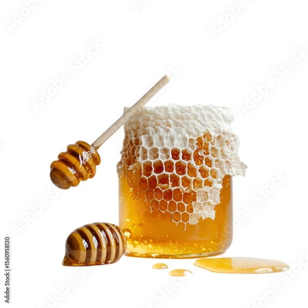 Fototapeta Fresh Honey in Jar with Dipper and Honeycomb – Pure Sweetness Concept. 
 glass jar of honey, honey closeup photo, premium honey stock, bee honey product, artisanal honey in jar, natural golden honey,
