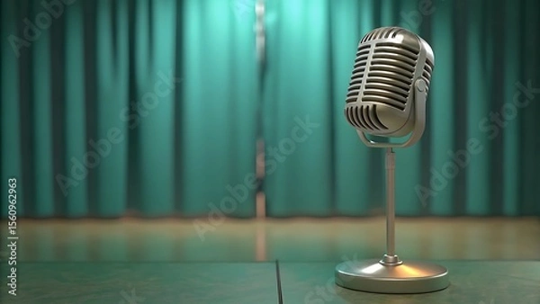Fototapeta A vintage microphone standing on a stage with a green curtain backdrop behind it