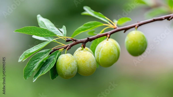 Fototapeta Young green plums on tree branch during springtime for nature and garden design