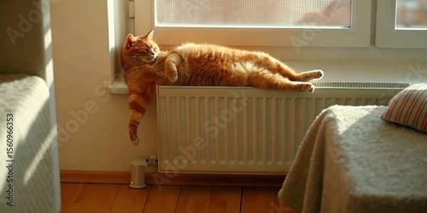 Fototapeta Orange tabby cat lounging comfortably on a radiator near a window in a bright room