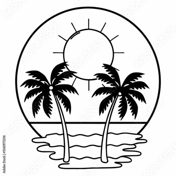 Fototapeta Stylized black and white outline of two palm trees on a beach with the sun and ocean