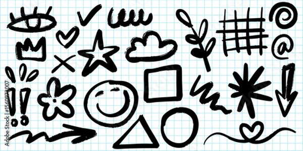 Fototapeta set of hand drawn doodle icons in black ink on squared grid paper. Includes sketch elements such as arrows, stars, hearts, shapes, exclamation marks, smiley face, clouds, flowers, and abstract symbols