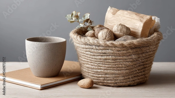 Obraz Calm zero waste still life for composting and cleanliness. Natural rustic organic items for simple minimalist life