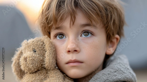 Fototapeta World refugee day highlights human rights and migration journey. lonely boy with sad face looks up with hope