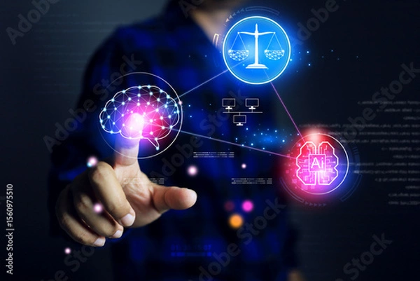 Fototapeta AI ethics concept with businessman pointing on brain icon to use AI help create or generate the art but must also consider ethical considerations so as not to infringe on the copyrights of human