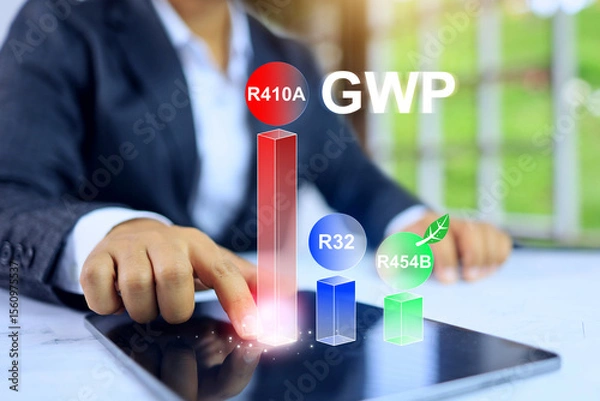 Fototapeta Refrigerant global warming potential GWP concept with businessman compare value each refrigerant are R410A, R32 and R454B is most environment friendly with less emission index
