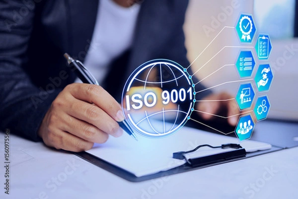 Fototapeta iso 9001 quality management system concept with businessman working on desktop to sign approved document for continue and maintain the quality in product and service in manufacture factory
