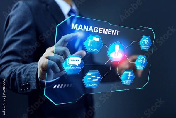 Fototapeta management concept with businessman working on virtual screen to manage company organization to achieve performance target