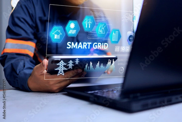 Fototapeta Power plant engineer monitoring smart grid operation on tablet screen for electricity distribution and generation to support smart city and the increasing urbanization